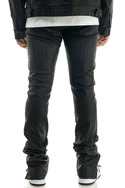 Black Stacked Pants in Patterned Stretch Twill