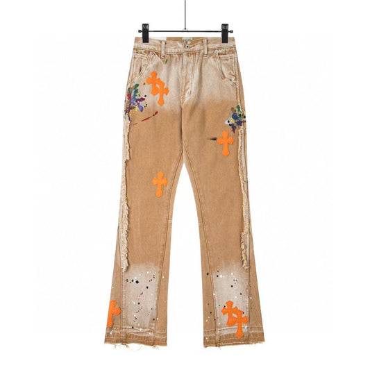 Gallery DEPT Splashed Orange Leather Cross Washed Denim Pants for Men and Women Guangzhou Supply
