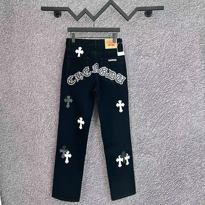 Cross Embroidered Distressed Denim Jeans Men Women Streetwear Loose Fit Vintage Washed Jeans Wholesale
