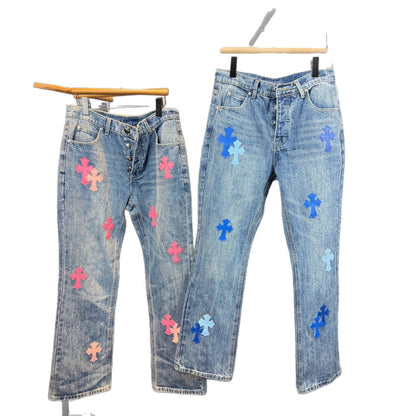 Chrome Hearts Flared Jeans High Street Slim Fit Classic Denim with White Cross Detail Cross Border