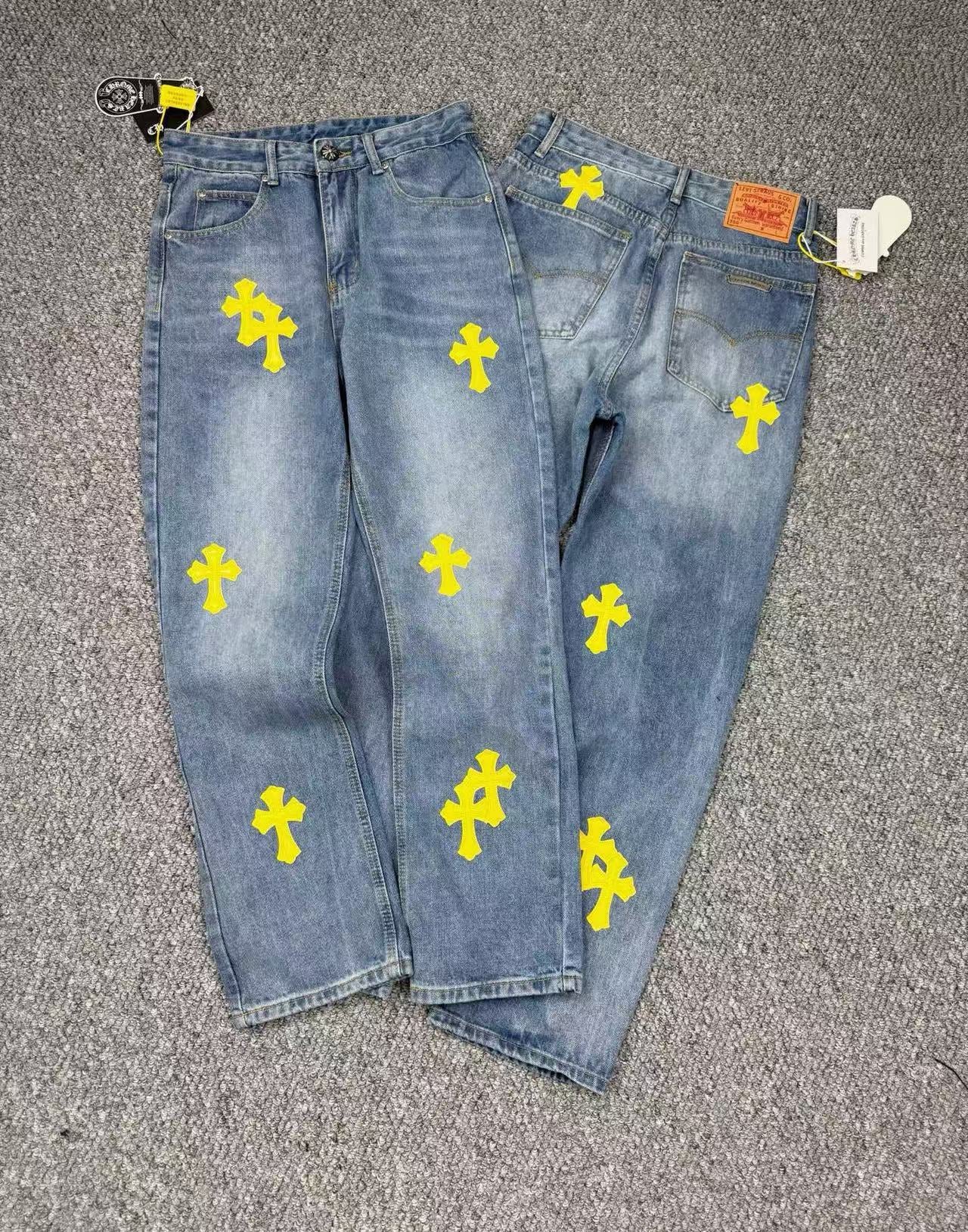 Cross Embroidered Distressed Denim Jeans Men Women Streetwear Loose Fit Vintage Washed Jeans Wholesale