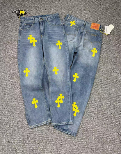 Cross Embroidered Distressed Denim Jeans Men Women Streetwear Loose Fit Vintage Washed Jeans Wholesale