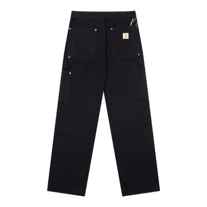 Carhartt Black Washed Double Knee Canvas Jeans with Metal Buckle Decor and Large Pockets Unisex Work Pants