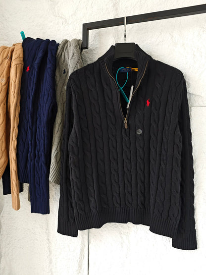 Ralph Lauren Pony Embroidered Logo Casual Solid Color Stand Collar Micro Logo Embroidered Half Zipper Long Sleeve Cable Knit Sweater