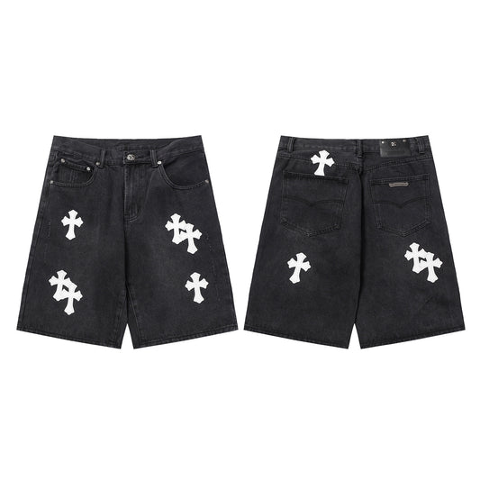 Streetwear Cross Embroidery Denim Shorts Chrome Hearts Loose Fit Jeans Shorts