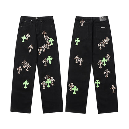 Vintage Cross CH Chrome Hearts Embroidered Washed Denim Jeans Unisex Loose Fit Street Fashion