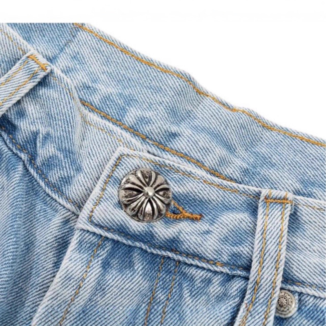 Vintage Washed Blue Jeans with CH Cross Leather Patch Embroidery Streetwear Couple Denim Pants