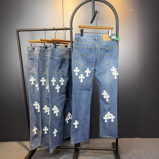 Chrome Hearts Flared Jeans High Street Slim Fit Classic Denim with White Cross Detail Cross Border