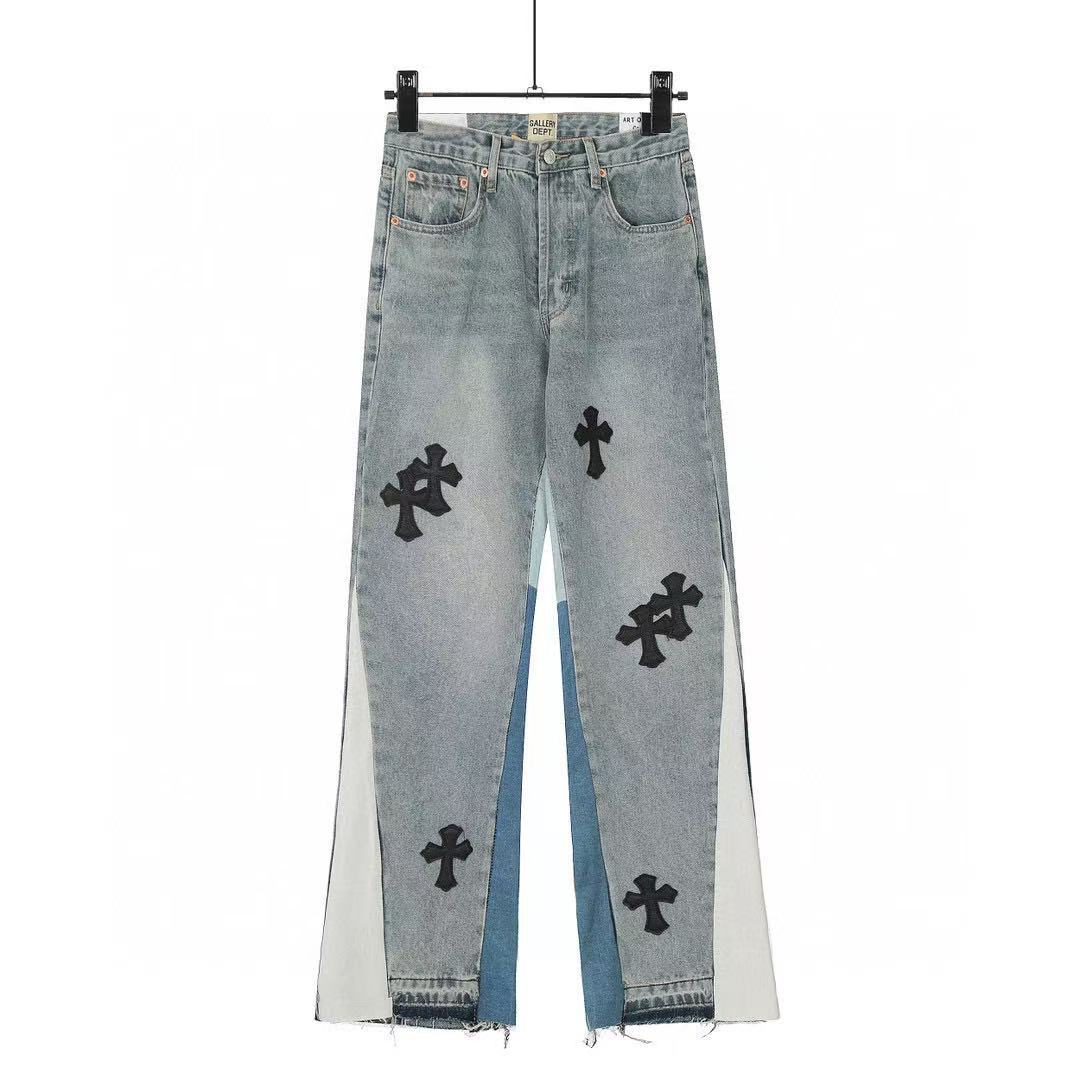 gallery DEPT premium leather cross flare jeans distressed wash patchwork high quality vintage style