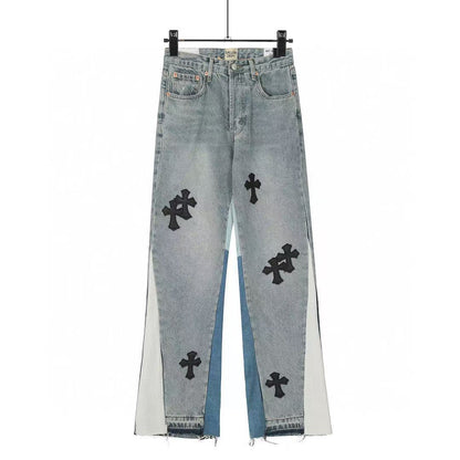 gallery DEPT premium leather cross flare jeans distressed wash patchwork high quality vintage style