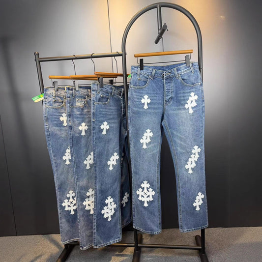 Chrome Hearts Flared Jeans High Street Slim Fit Classic Denim with White Cross Detail Cross Border