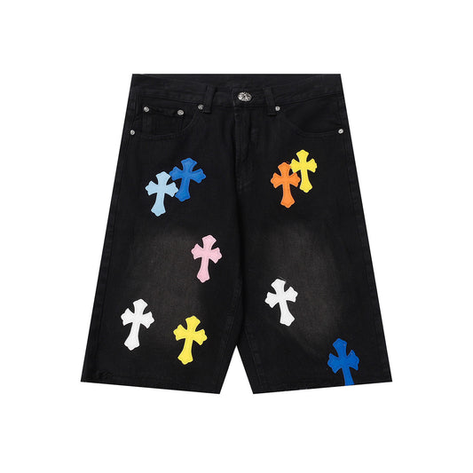 New Chrome Hearts Patchwork Embroidered Denim Shorts Unisex 5 Inch Inseam Loose Fit