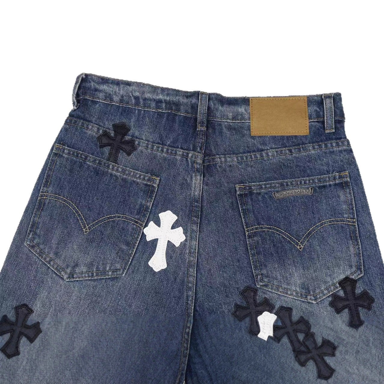 Chrome Hearts Jeans Washed Denim with Cross Leather Design for Men Women