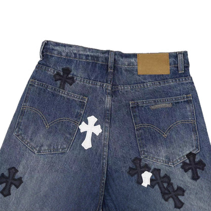 Chrome Hearts Jeans Washed Denim with Cross Leather Design for Men Women