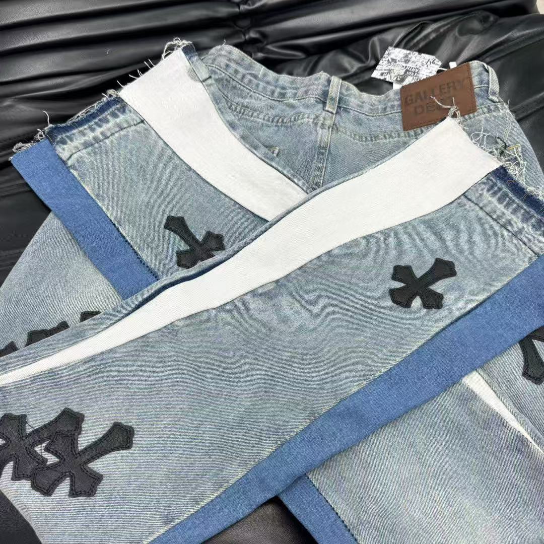 gallery DEPT premium leather cross flare jeans distressed wash patchwork high quality vintage style