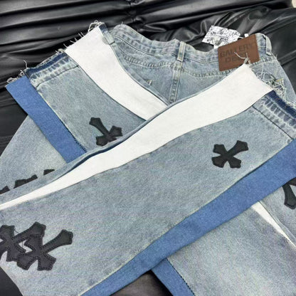 gallery DEPT premium leather cross flare jeans distressed wash patchwork high quality vintage style