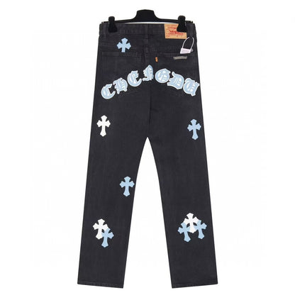 Chrome Hearts Cross Patch Embroidered Washed Denim Jeans Couple Loose Fit
