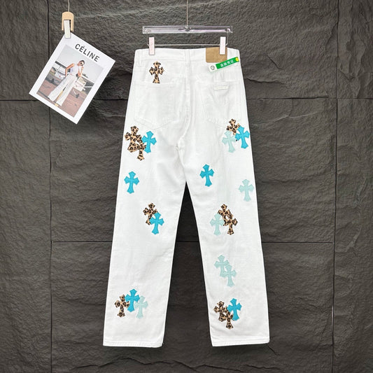 New Cross Small Design Trend Brand Front Back Patchwork White High Waist Chrome Hearts Jeans