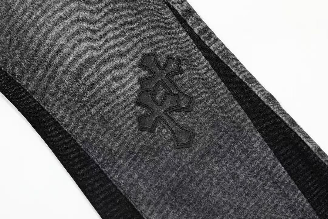 gallery DEPT premium leather cross flare jeans distressed wash patchwork high quality vintage style