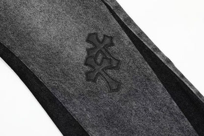 gallery DEPT premium leather cross flare jeans distressed wash patchwork high quality vintage style