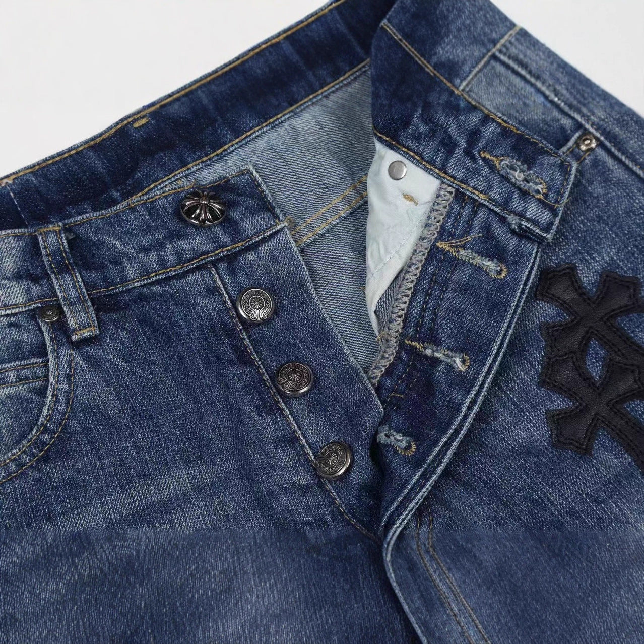 Chrome Hearts Jeans Washed Denim with Cross Leather Design for Men Women