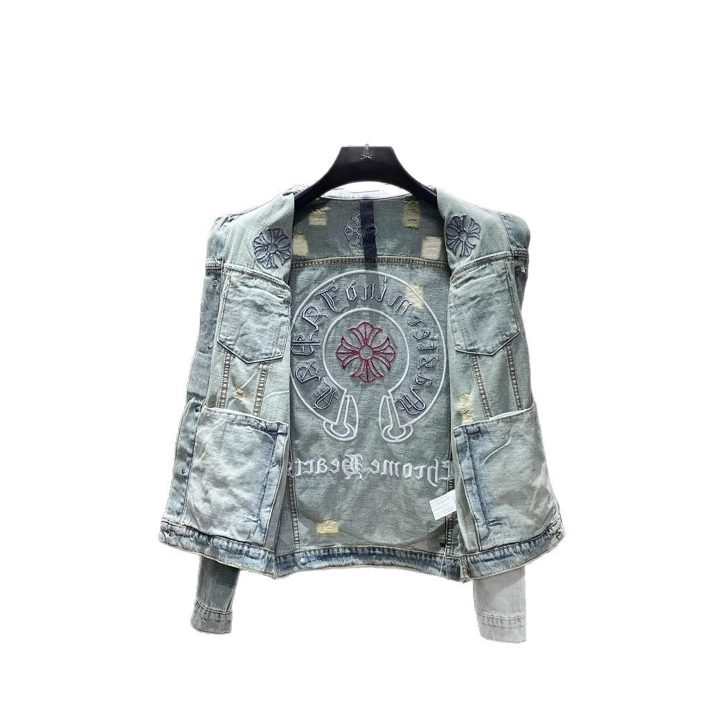 Chrome Hearts Embroidered Distressed Denim Jacket for Men Women