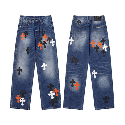 Vintage Cross CH Chrome Hearts Embroidered Washed Denim Jeans Unisex Loose Fit Street Fashion