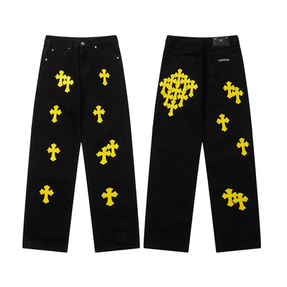 Vintage Cross CH Chrome Hearts Embroidered Washed Denim Jeans Unisex Loose Fit Street Fashion