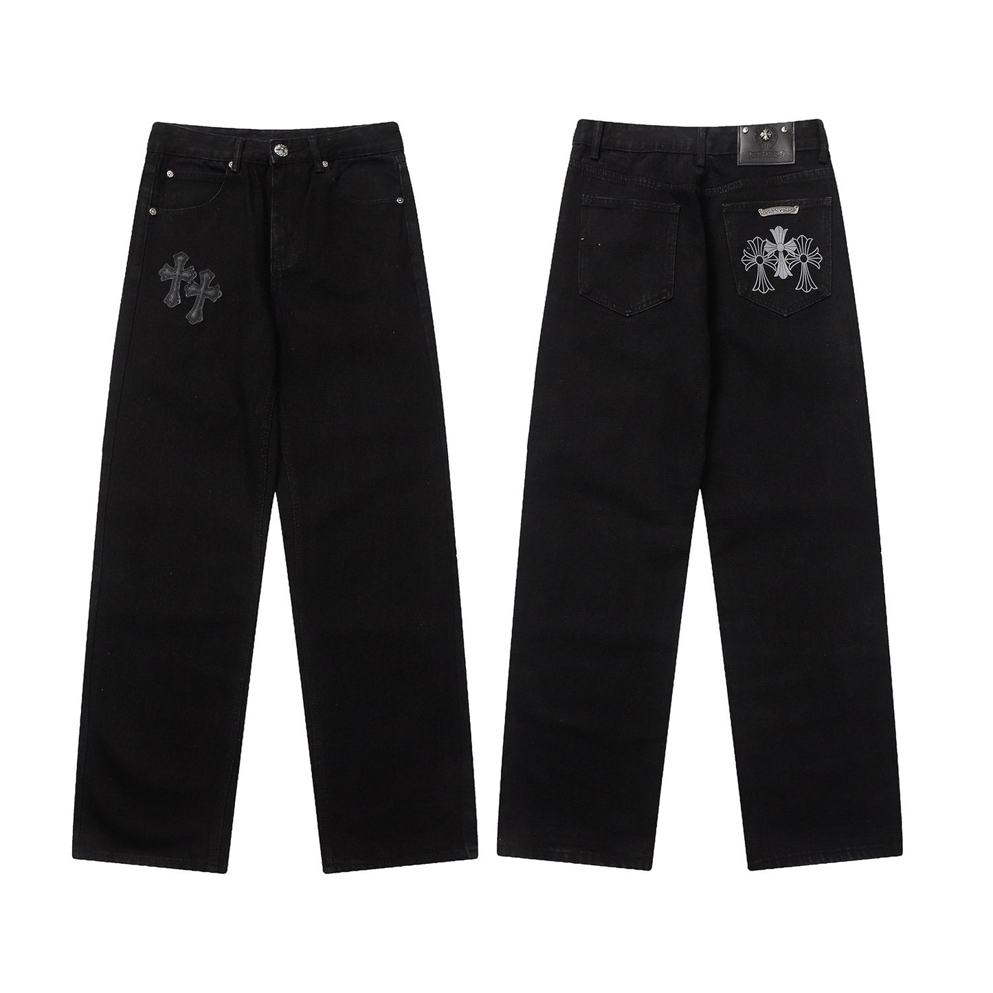 Chrome Hearts Cross Distressed Denim Jeans Couples Streetwear Loose Fit Trousers