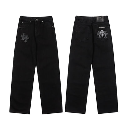Chrome Hearts Cross Distressed Denim Jeans Couples Streetwear Loose Fit Trousers