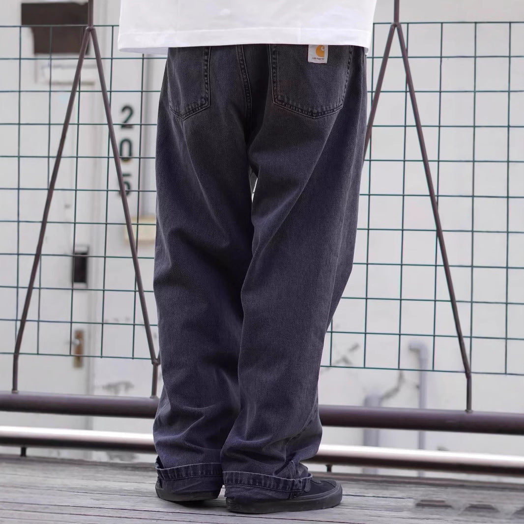 美式复古街头滑板宽松直筒嘻哈深蓝色多巴胺水洗牛仔裤长裤阔腿