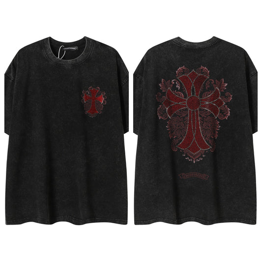 Vintage Washed Pure Cotton Streetwear Chrome Hearts Cross Color Patch Print Short Sleeve T Shirt Cross Print Tee