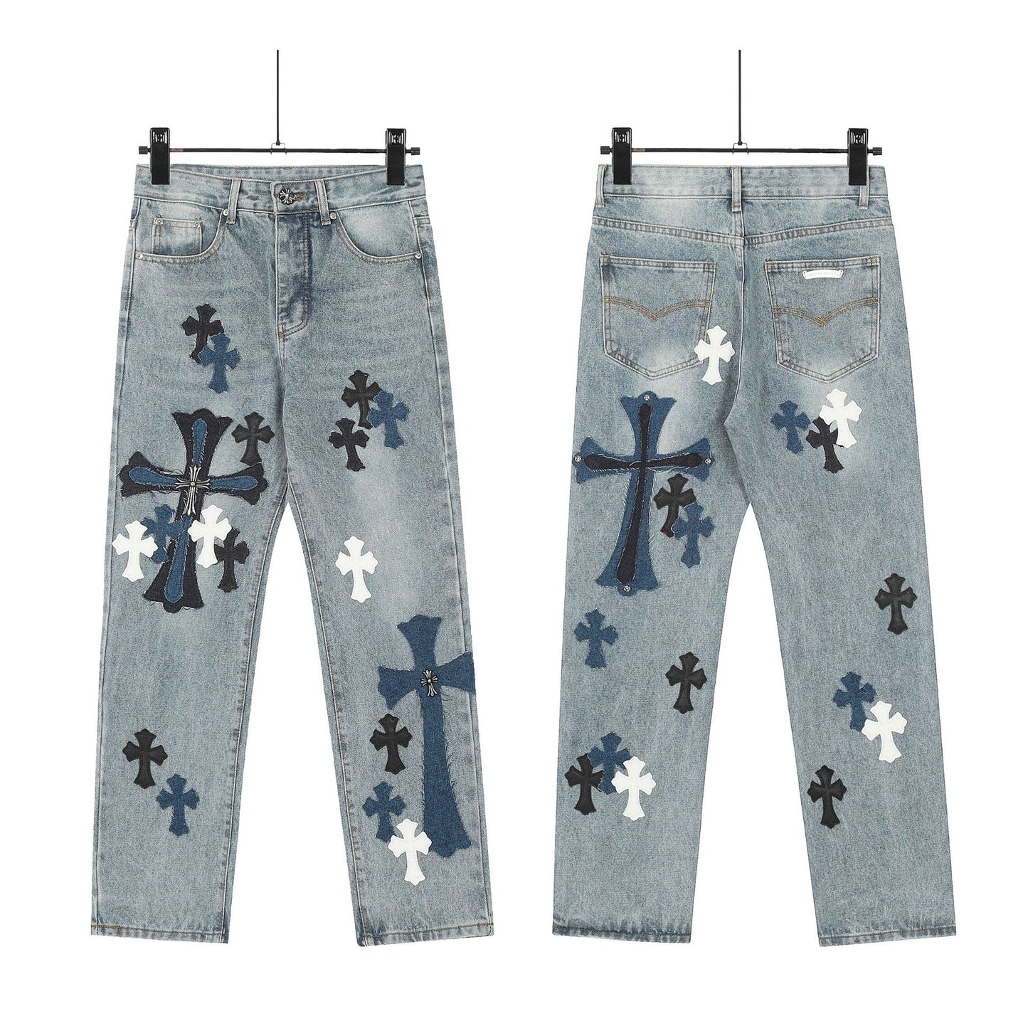 Vintage Chrome Hearts Cross Print Denim Jeans Loose Fit Couple Streetwear Washed Embroidered