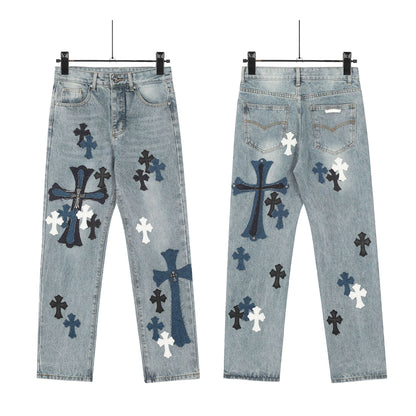 Vintage Chrome Hearts Cross Print Denim Jeans Loose Fit Couple Streetwear Washed Embroidered