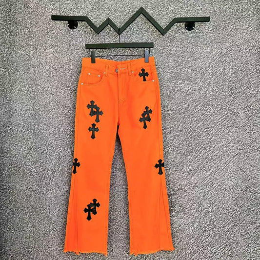 Chrome Hearts Cross Leather Patch Washed Denim Jeans Streetwear Loose Fit Couple Pants