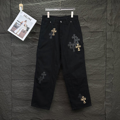 Workwear Black Leopard Cross Patchwork Loose Fit Couple Chrome Hearts Jeans