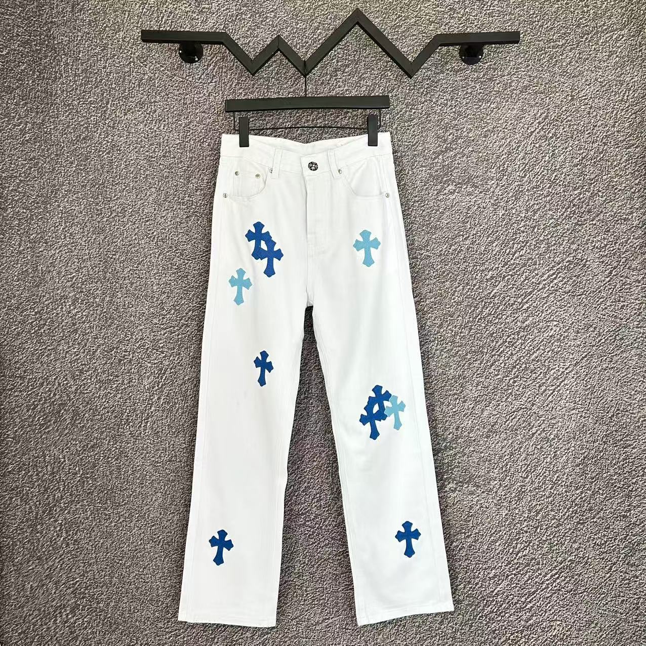Chrome Hearts Cross Leather Patch Washed Denim Jeans Streetwear Loose Fit Couple Pants