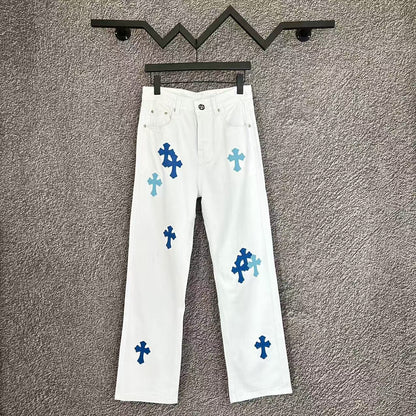 Chrome Hearts Cross Leather Patch Washed Denim Jeans Streetwear Loose Fit Couple Pants