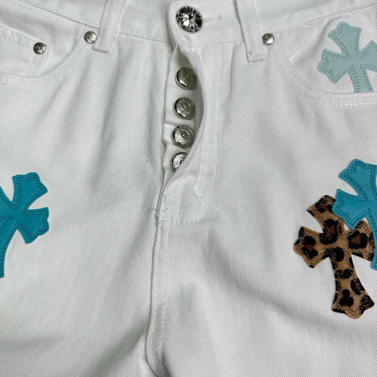 New Cross Small Design Trend Brand Front Back Patchwork White High Waist Chrome Hearts Jeans