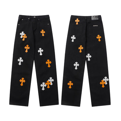 Vintage Cross CH Chrome Hearts Embroidered Washed Denim Jeans Unisex Loose Fit Street Fashion