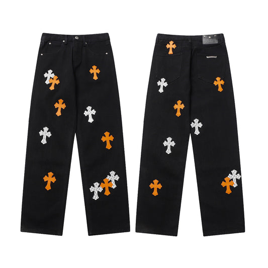 Vintage Cross CH Chrome Hearts Embroidered Washed Denim Jeans Unisex Loose Fit Street Fashion