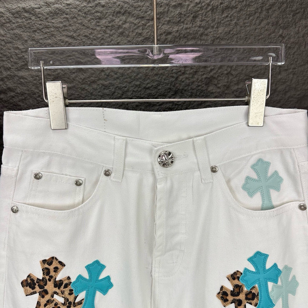 New Cross Small Design Trend Brand Front Back Patchwork White High Waist Chrome Hearts Jeans