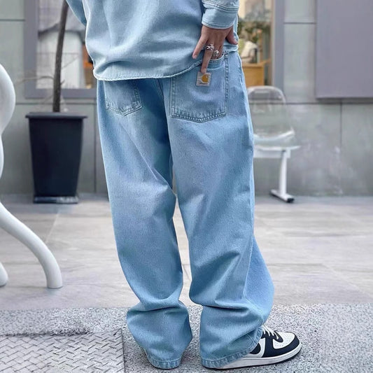 美式复古街头滑板宽松直筒嘻哈深蓝色多巴胺水洗牛仔裤长裤阔腿