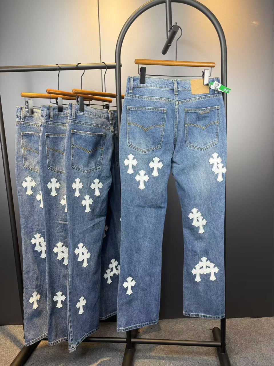 Chrome Hearts Flared Jeans High Street Slim Fit Classic Denim with White Cross Detail Cross Border