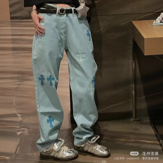 Cross Denim Jeans Unisex Washed Vintage Style Gothic Punk Fashion