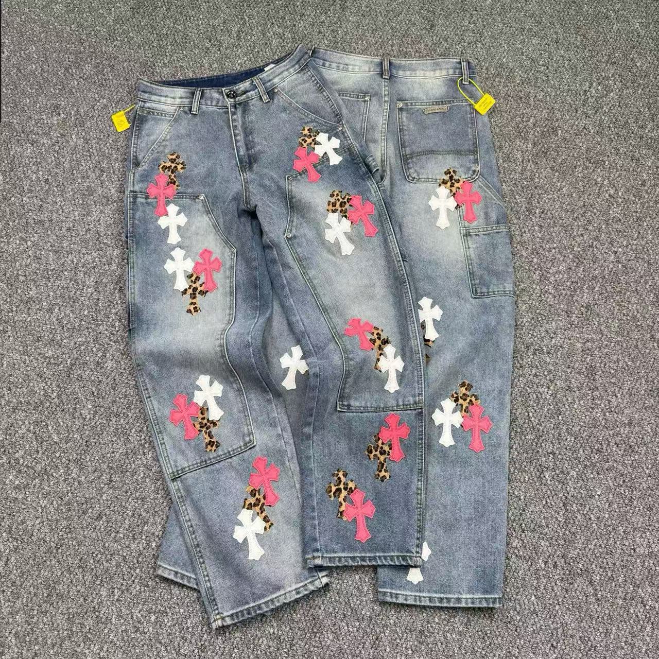 Cross Embroidered Distressed Denim Jeans Men Women Streetwear Loose Fit Vintage Washed Jeans Wholesale