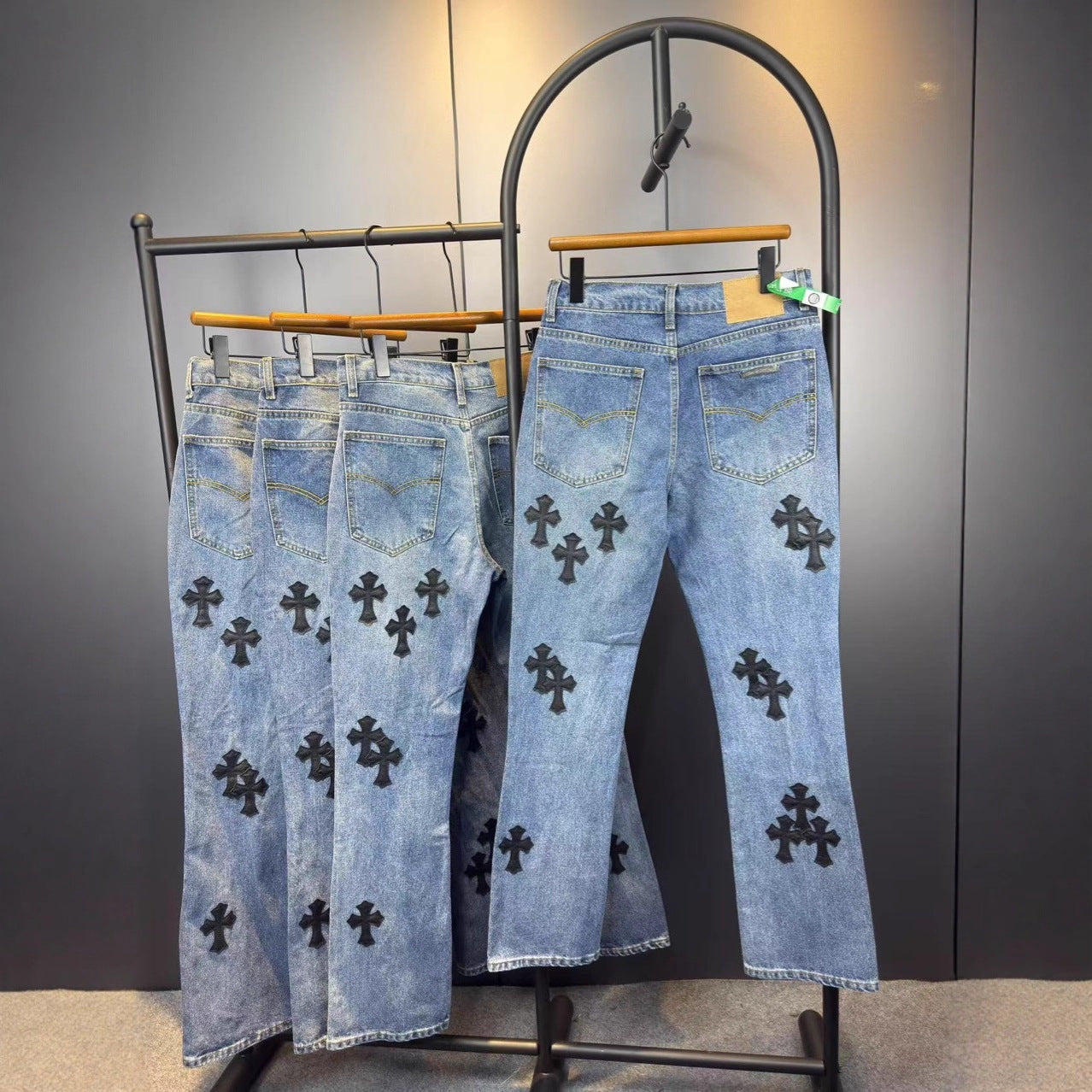 Chrome Hearts Flared Jeans High Street Slim Fit Classic Denim with White Cross Detail Cross Border