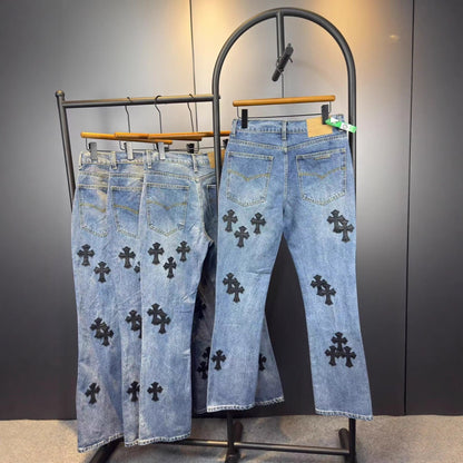 Chrome Hearts Flared Jeans High Street Slim Fit Classic Denim with White Cross Detail Cross Border