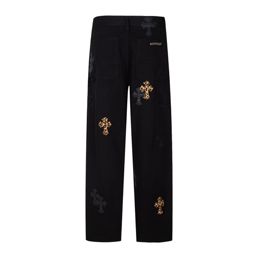 Workwear Black Leopard Cross Patchwork Loose Fit Couple Chrome Hearts Jeans