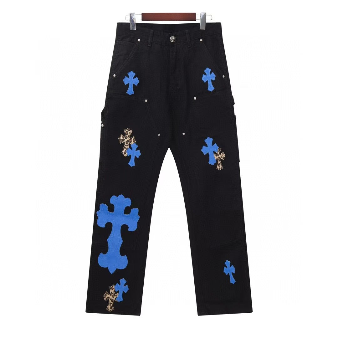 Chrome Hearts Cross Patch Embroidered Washed Jeans Couple Loose Streetwear Denim Pants